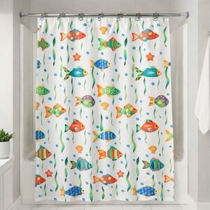 Fish Shower Curtain w/ 12 Matching Fish Rings Colorful Nautical Bath Set